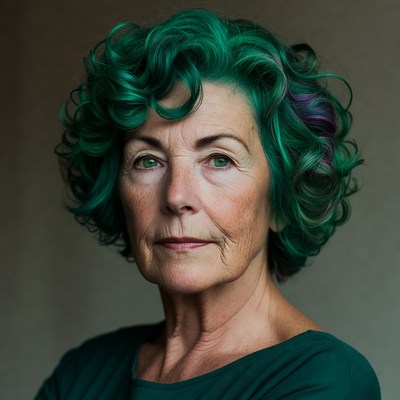 Elderly woman with green curly hair