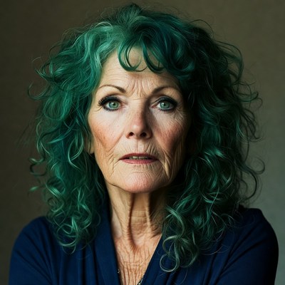 Elderly woman with green curly hair
