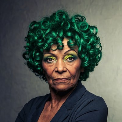 Elderly African-American woman with green curly wig