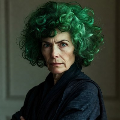 Woman with bright green curly hair