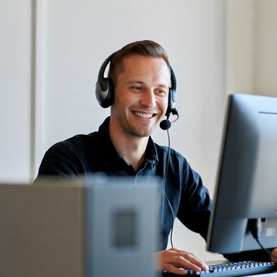 Smiling man wearing headset at computer