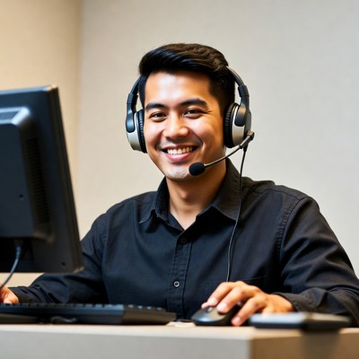 Asian man wearing headset at computer