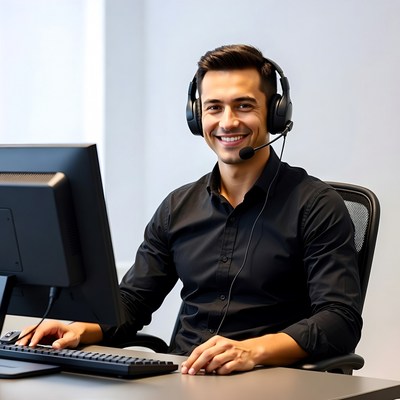 Smiling man in headset at computer