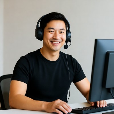 Asian man wearing headset at computer