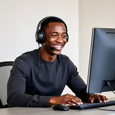 African-American man working at computer