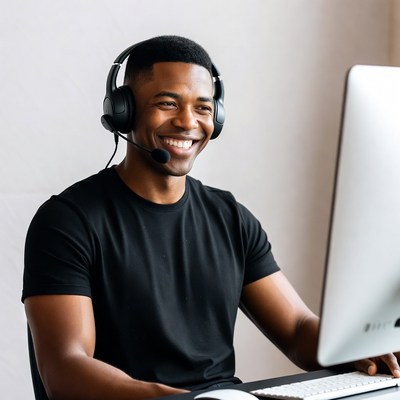 Smiling Black man wearing headset at computer