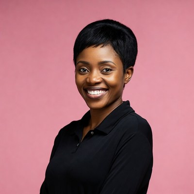 Smiling Black woman in black polo shirt