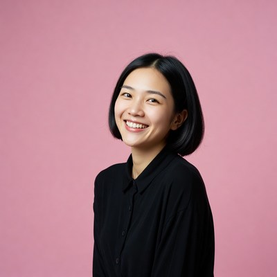 Smiling Asian woman on pink background