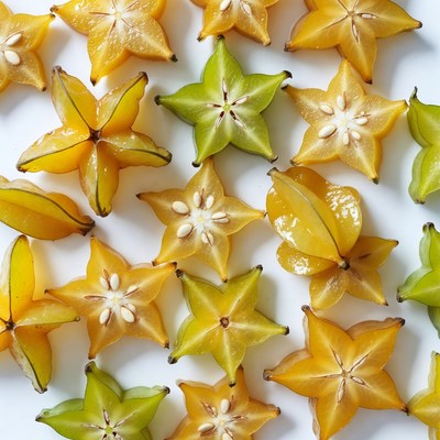 Fresh Starfruit Slices on White Background