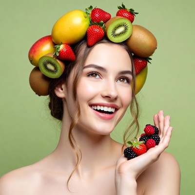 Woman wearing fruit crown holding berries