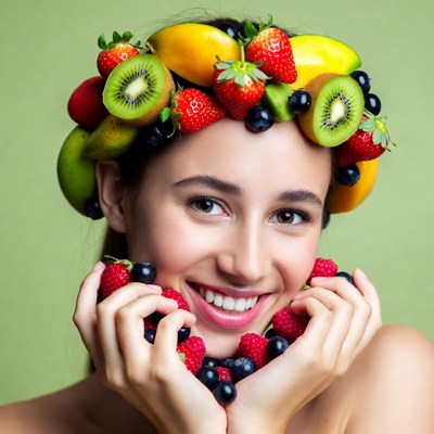Woman with fruit crown and raspberries