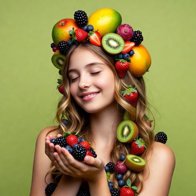 Girl with fruit crown holding berries