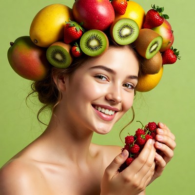 Woman with fruit crown holding raspberries