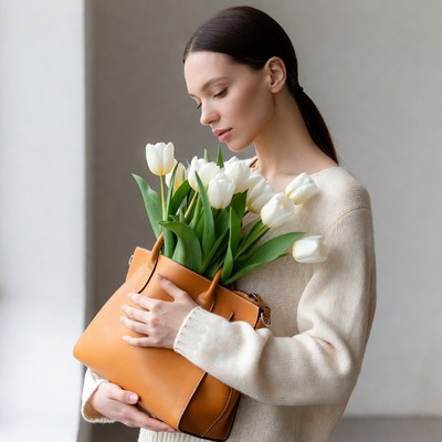 Woman holding tulips in leather bag