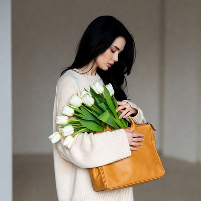 Asian woman holding white tulips
