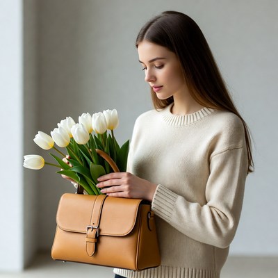 Woman holding white tulips and leather bag
