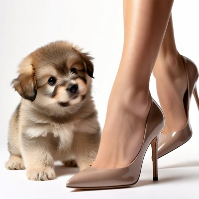Puppy with woman's high heels