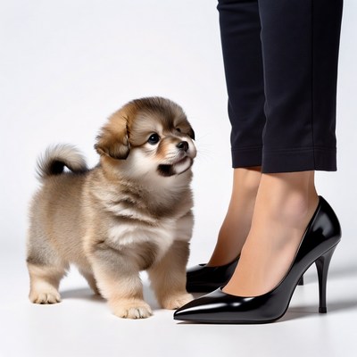 Puppy looking up at woman's high heels