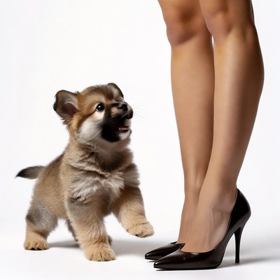 Puppy looking up at woman's high heels