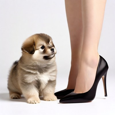 Puppy looking up at woman's high heels