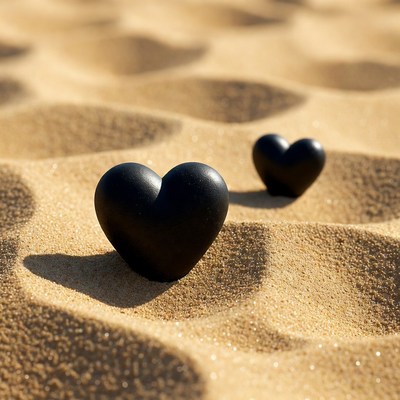 Black hearts on beach sand