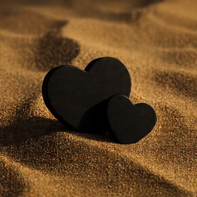 Two Black Hearts on Sand