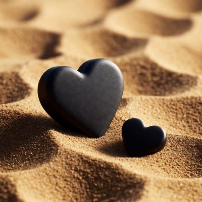Black hearts on sand