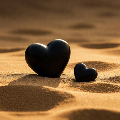 Two Black Hearts on Sand