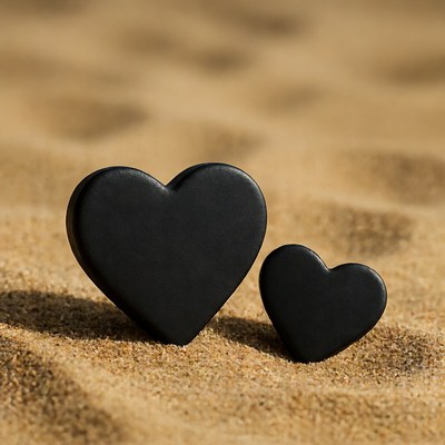 Two black hearts on sand