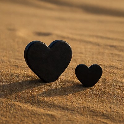 Two black hearts on sand