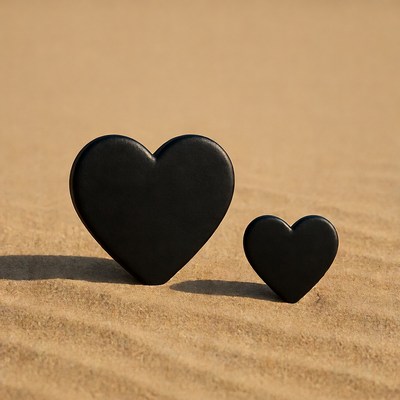 Two black hearts on sand