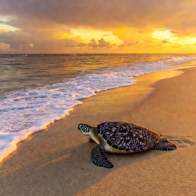Sea Turtle on Beach at Sunset