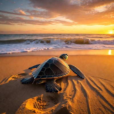 Baby Sea Turtle on Beach at Sunset