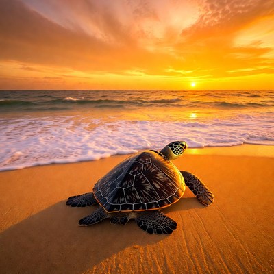Sea turtle on beach at sunset