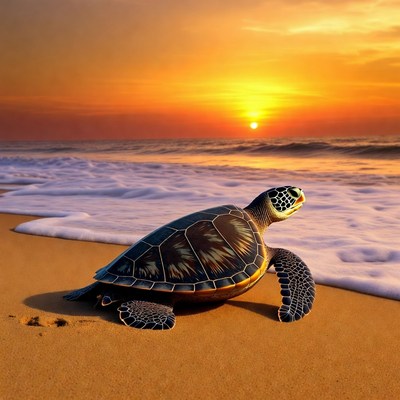 Sea Turtle on Beach at Sunset