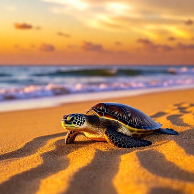 Baby Sea Turtle on Beach at Sunset