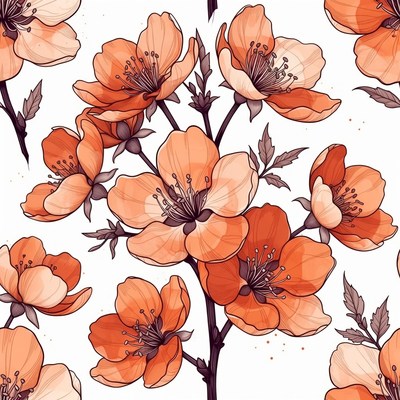 Peach Sakura Flowers Seamless Pattern