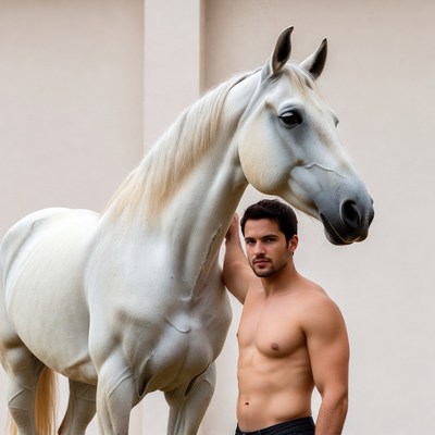 Shirtless man with white horse