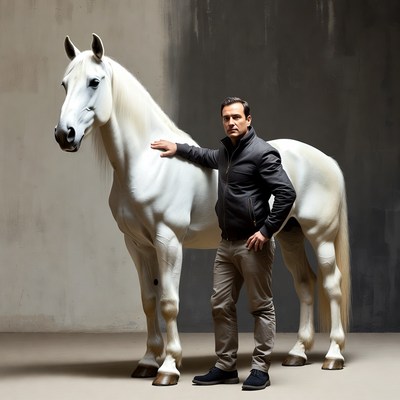 Man standing with white horse