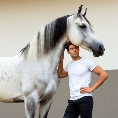 Man embracing white horse