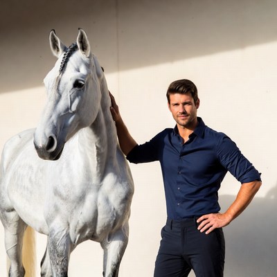 Man posing with white horse