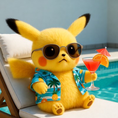 Pikachu in Hawaiian shirt with cocktail