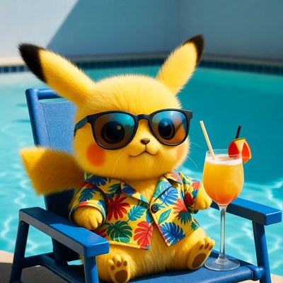 Pikachu relaxing in lounge chair by pool