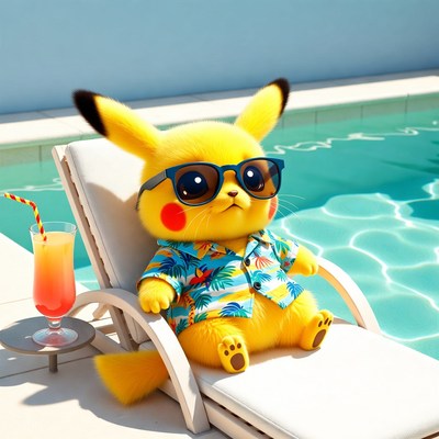Pikachu relaxing on pool lounger