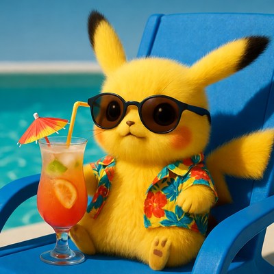 Pikachu relaxing in lounge chair with cocktail