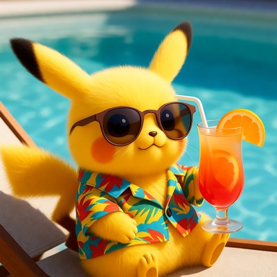 Pikachu sipping cocktail by pool