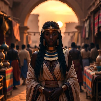African woman in ancient Egyptian dress at market