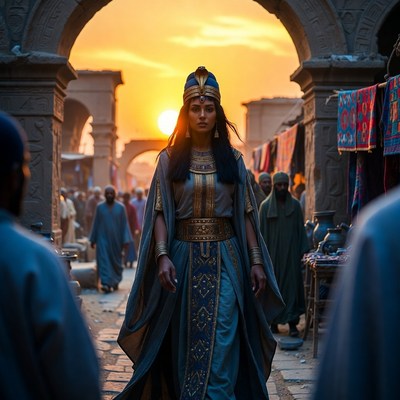 Cleopatra walking in ancient market at sunset