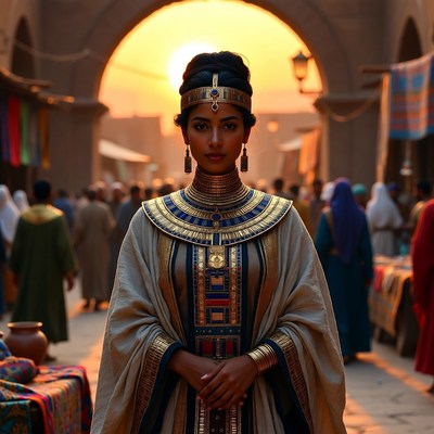 Egyptian Woman in Ancient Market at Sunset