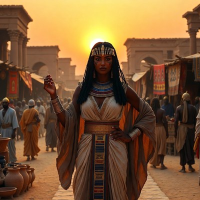 Egyptian Queen in Ancient Marketplace Sunset